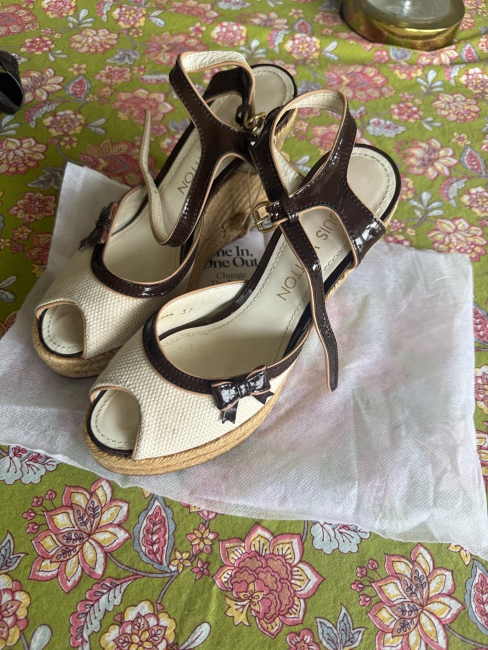 Louis Vuitton Cream and Brown Peep-Toe Wedge Sandals